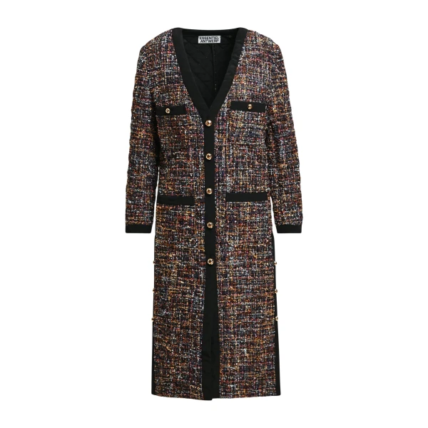 Black and multicolor quilted coat with patch pockets