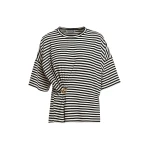 Black and off-white striped T-shirt with gold statement brooch detail