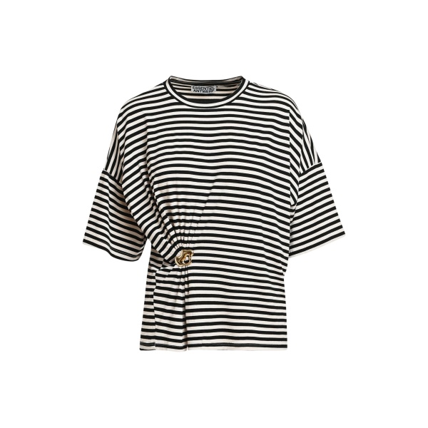 Black and off-white striped T-shirt with gold statement brooch detail
