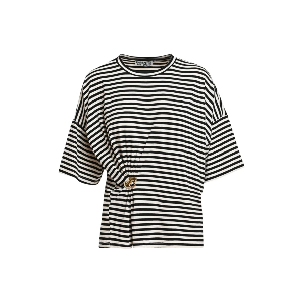 Black and off-white striped T-shirt with gold statement brooch detail