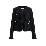 Black fitted jacket with fringe details and applicated pockets