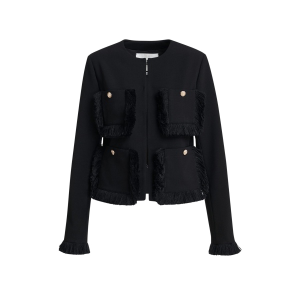 Black fitted jacket with fringe details and applicated pockets
