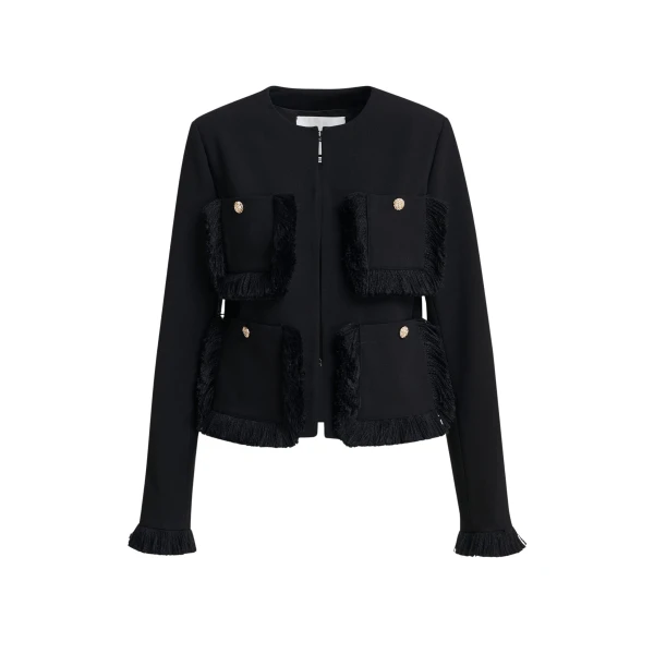 Black fitted jacket with fringe details and applicated pockets