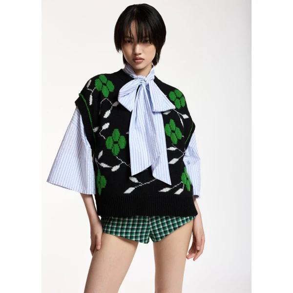 green and white floral-intarsia sleeveless sweater