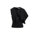 Black structured knitted top with draped ruffle detail