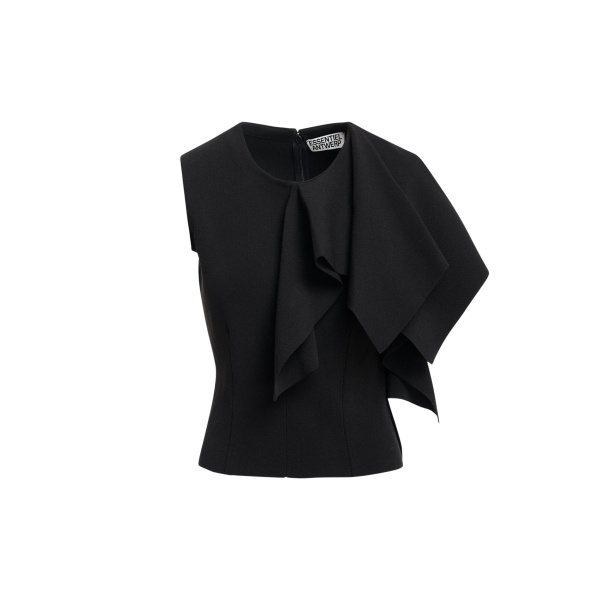 Black structured knitted top with draped ruffle detail