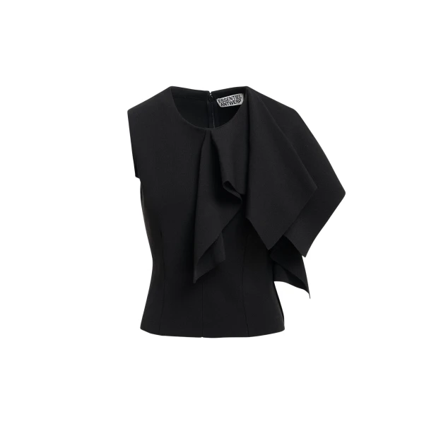Black structured knitted top with draped ruffle detail