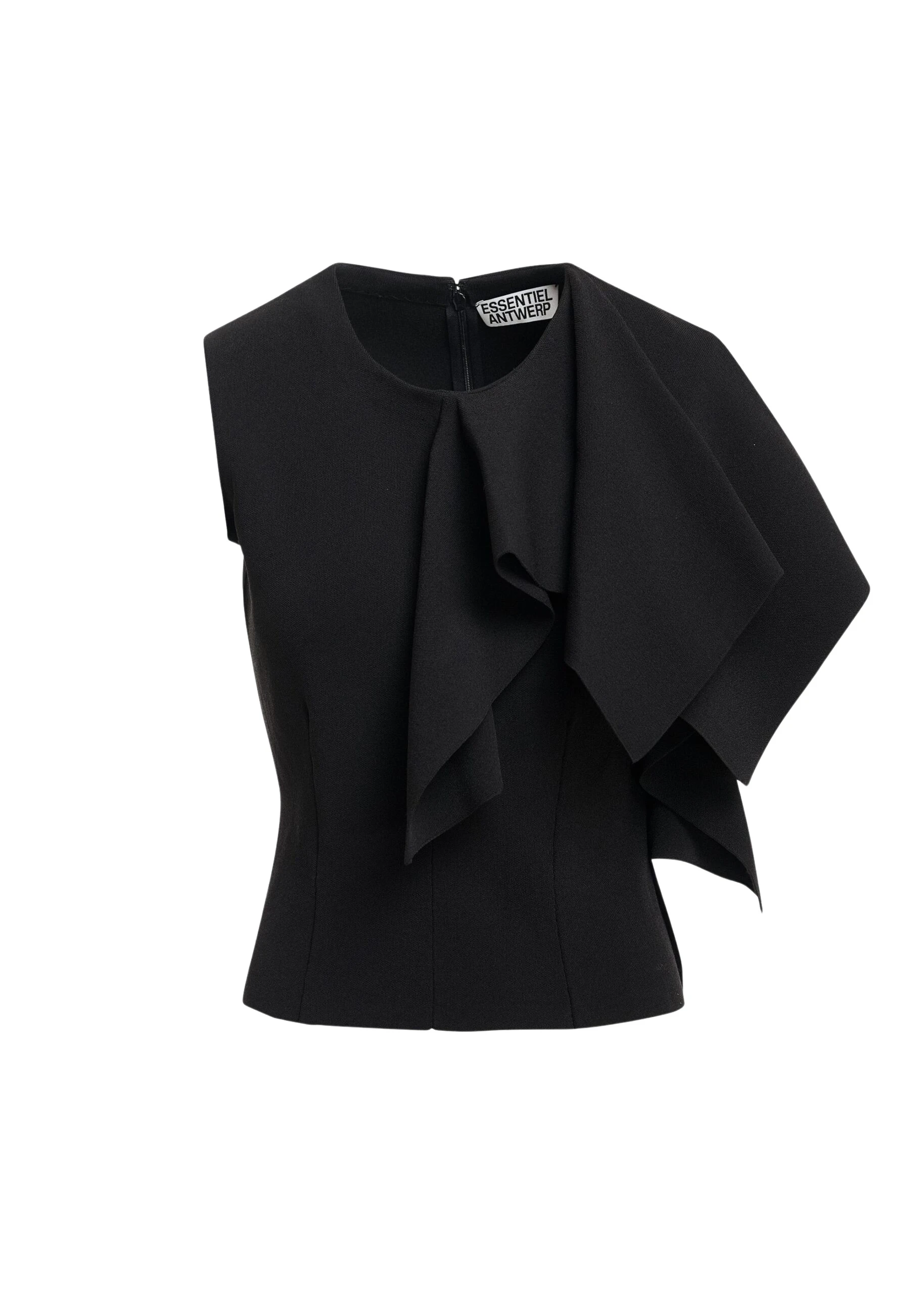 Essentiel-Antwerp-Black-structured-knitted-top-with-draped-ruffle-detail-scaled16222_nobg Black structured knitted top with draped ruffle detail