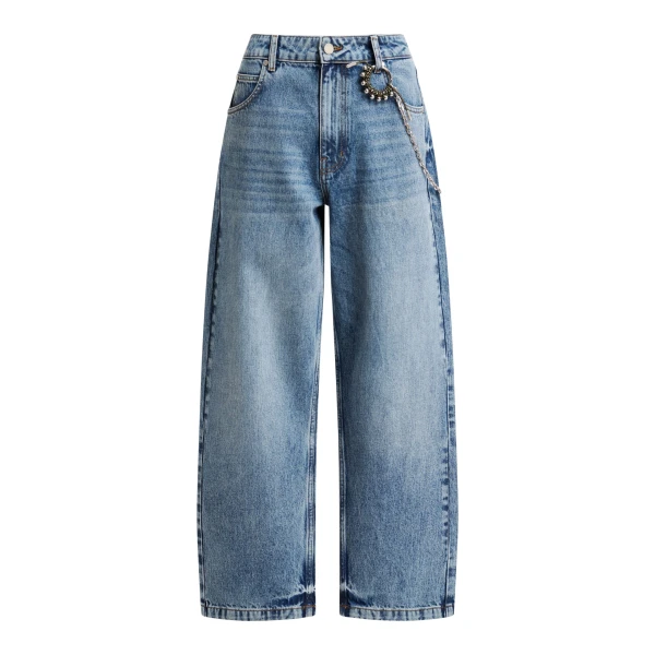 Blue organic cotton straight-leg jeans with detachable chain