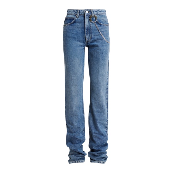 Blue organic cotton straight-leg jeans with ruched hem and detachable chain detial