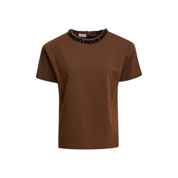 Brown T-shirt with black embellished collar