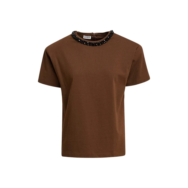 Brown T-shirt with black embellished collar