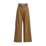 Brown and blue dual-fabric wide-leg pants