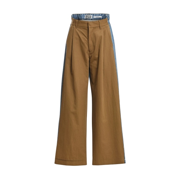 Brown and blue dual-fabric wide-leg pants