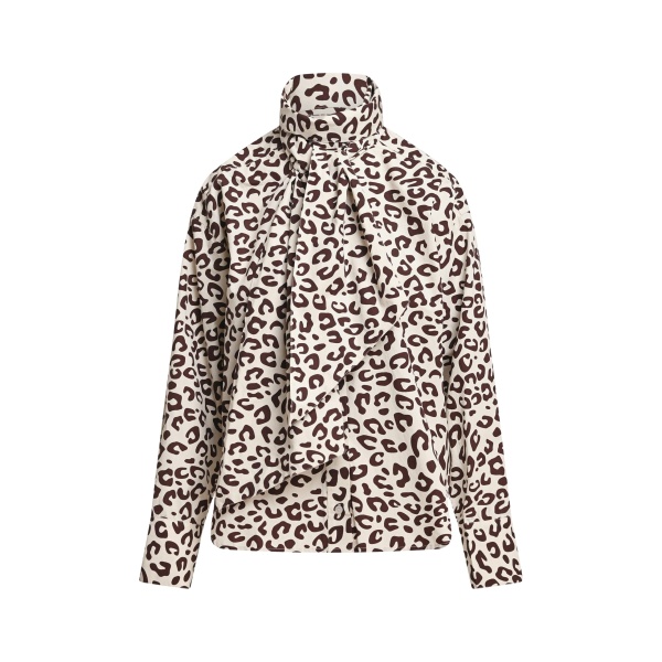 Brown and cream leopard-print pussy-bow shirt
