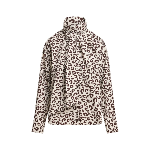 Brown and cream leopard-print pussy-bow shirt