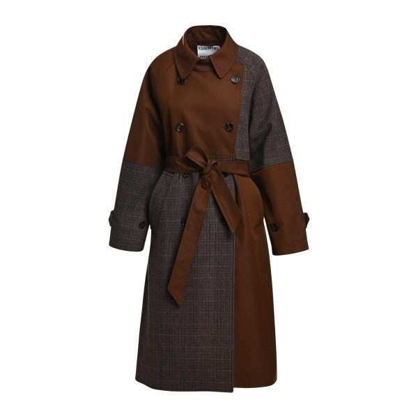 Brown and dak grey colour-block trench coat
