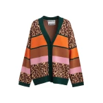 Brown and mulitcolor leopard-print color-block cardigan