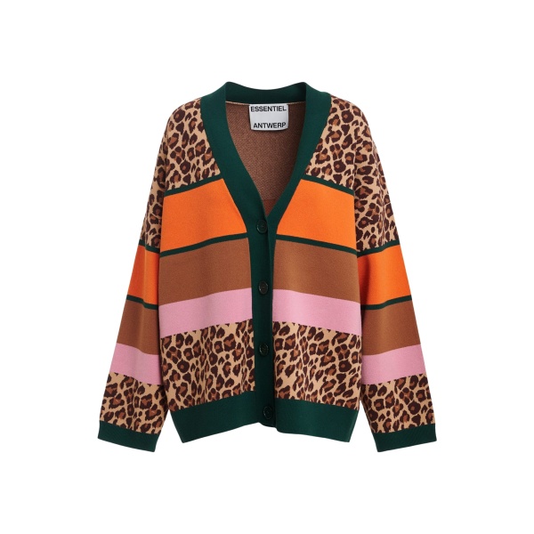 Brown and mulitcolor leopard-print color-block cardigan
