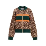 Brown and multicolor leopard-print color-block zip-up cardigan