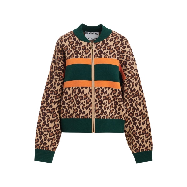Brown and multicolor leopard-print color-block zip-up cardigan