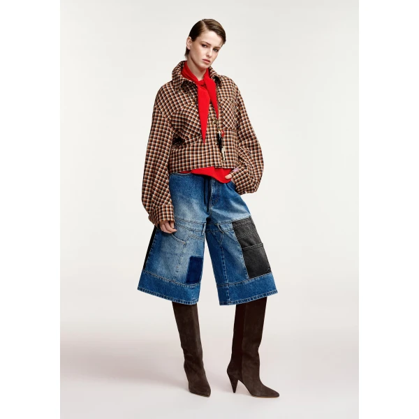 black and cream checked wool-blend jacket with patch pockets