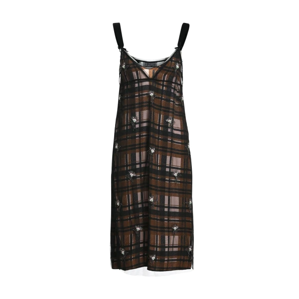 Brown, black and ecru mesh slip dress with floral embellishments