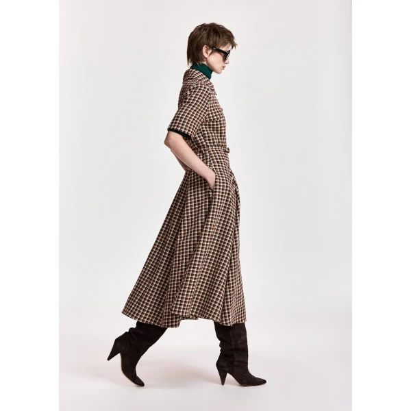 orange and cream wool-blend checked midi shirt dress