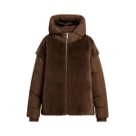 Brown oversized faux-fur puffer jacket with detachable sleeves