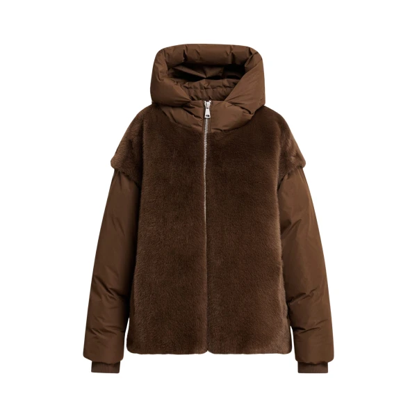 Brown oversized faux-fur puffer jacket with detachable sleeves