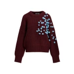 Burgundy and blue pompon-embellished knitted sweater