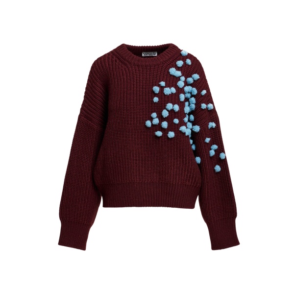 Burgundy and blue pompon-embellished knitted sweater