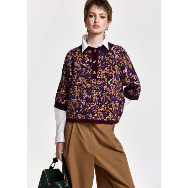 dark green and multicolor floral-print polo with bow buttons