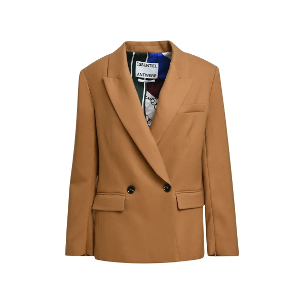 Camel double-breasted blazer with underarm zip detail