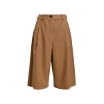 Camel pleated wide-leg bermuda pants