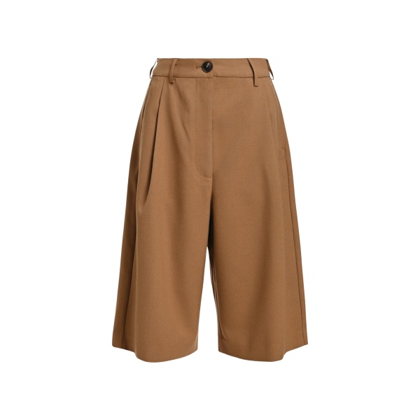 Camel pleated wide-leg bermuda pants