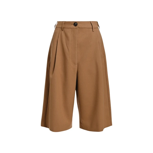 Camel pleated wide-leg bermuda pants