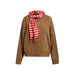 Camel wool-blend sweater with embellished red and light pink striped scarf detail