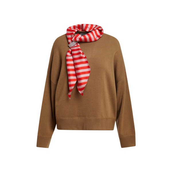 Camel wool-blend sweater with embellished red and light pink striped scarf detail