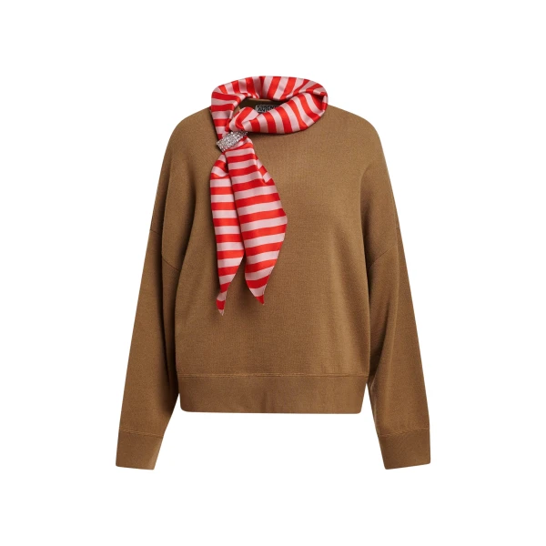 Camel wool-blend sweater with embellished red and light pink striped scarf detail