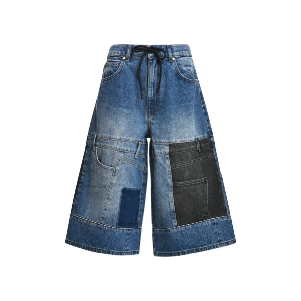 Dark blue and black dual-panel patchwork denim shorts
