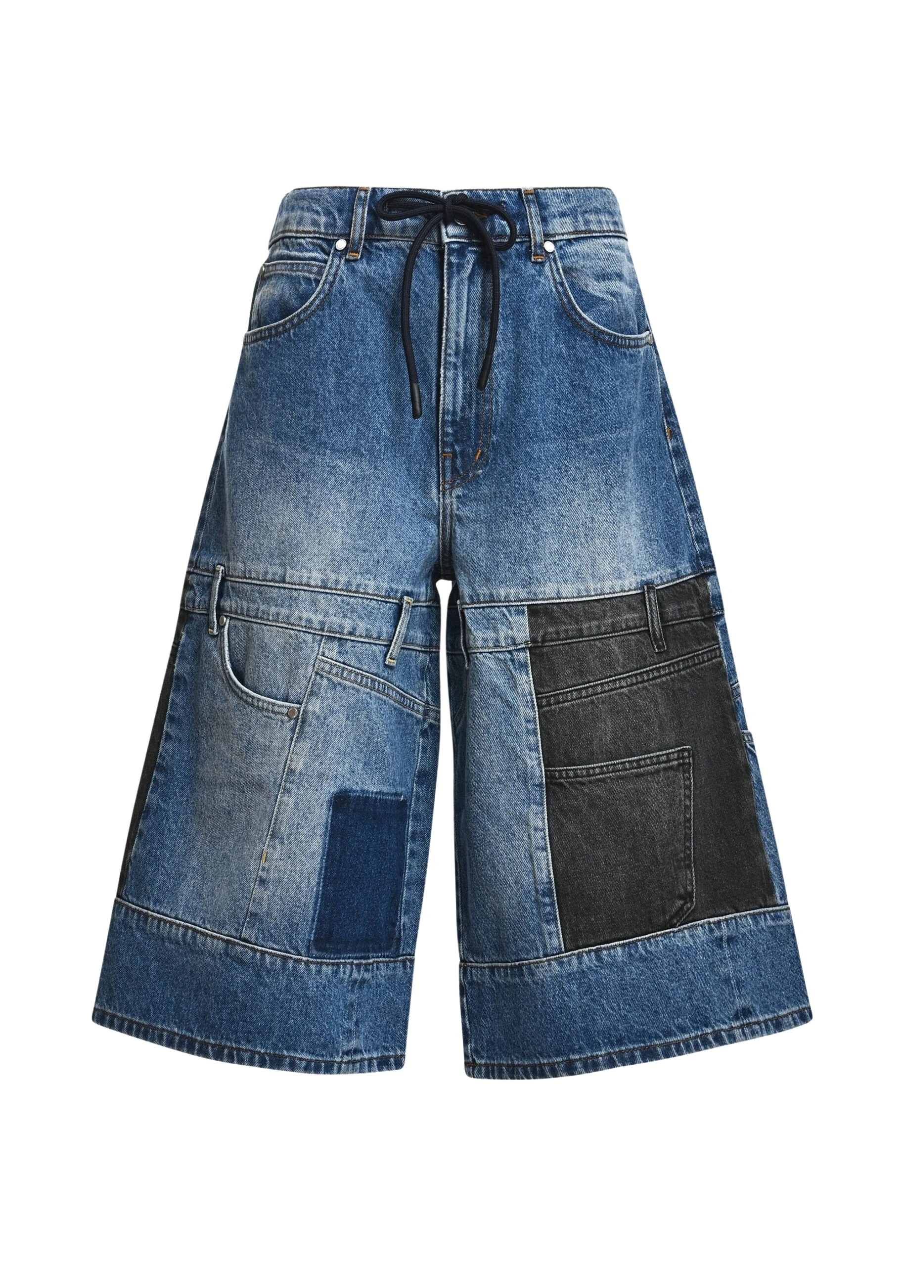 Essentiel-Antwerp-Dark-blue-and-black-dual-panel-patchwork-denim-shorts-scaled71808_nobg Dark blue and black dual-panel patchwork denim shorts