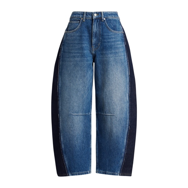 Dark blue and black panelled barrel-leg jeans