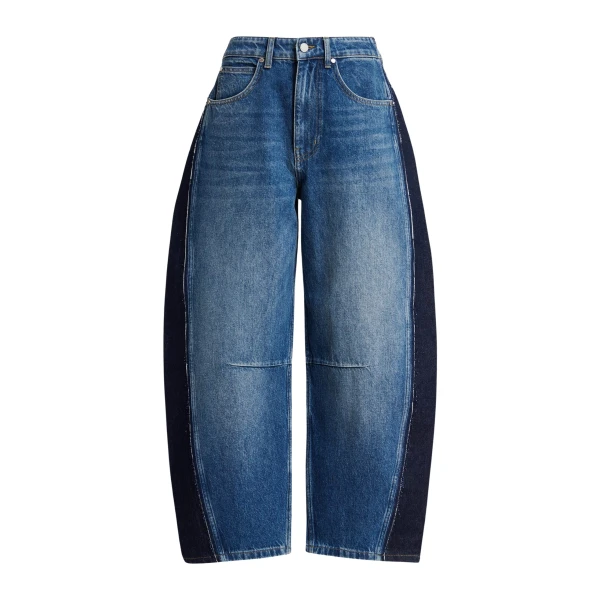 Dark blue and black panelled barrel-leg jeans
