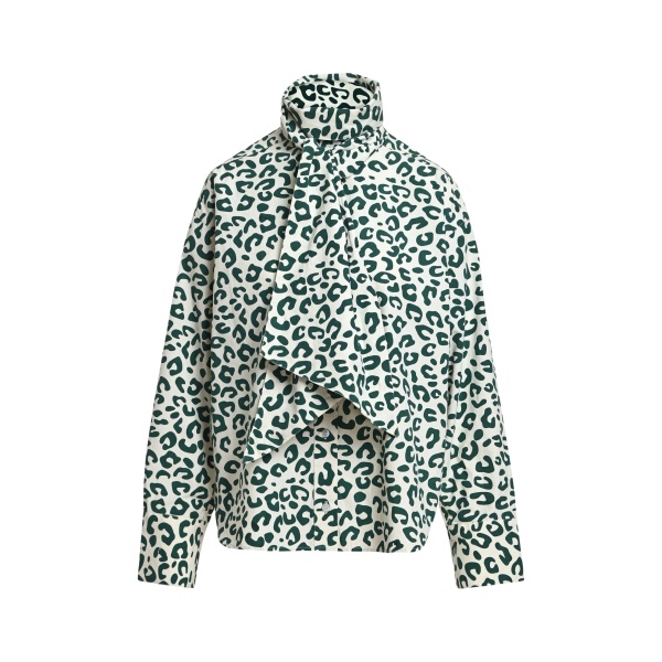 Dark green and off-white leopard-print pussy-bow shirt