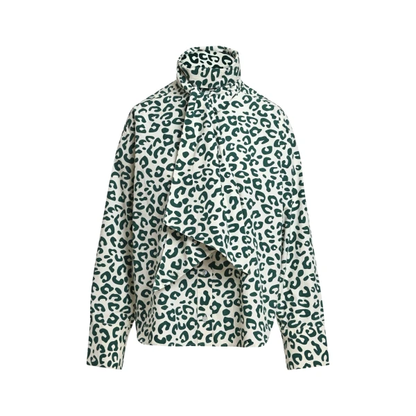 Dark green and off-white leopard-print pussy-bow shirt