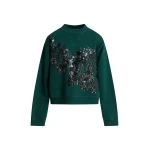 Dark green cotton sweatshirt with sequin and bead-embellished embroidery