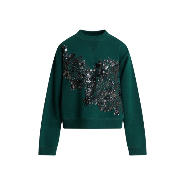 Dark green cotton sweatshirt with sequin and bead-embellished embroidery