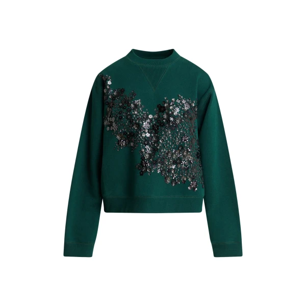 Dark green cotton sweatshirt with sequin and bead-embellished embroidery