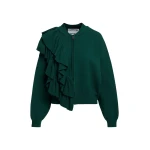 Dark green ruffle-detailed zip-up cardigan